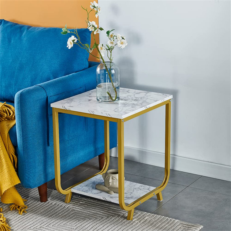 2 Tier End Table Nightstand Bedside Lamp Table With Metal Frame For Bedroom Marble Print Sofa Side Table Snack Table With Storage Shelf For Living